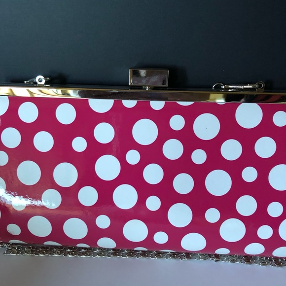 Neiman Marcus Pink & White Polka Dot Clutch with silver chain - Picture 2 of 4